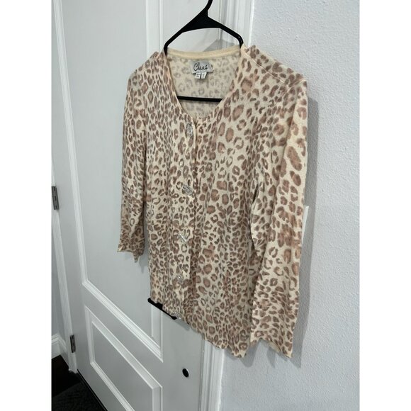 Chaus Leopard Print Button Front Cardigan Sweater Beige Small Angora Rabbit Hair - Picture 3 of 10